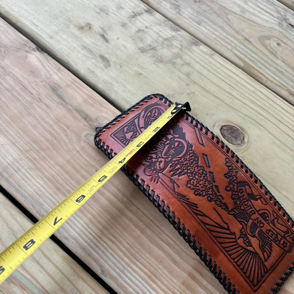 Vintage Leather Wallet Keep On Bikin Whipstitch Hand Tooled Motorcycle Bifold